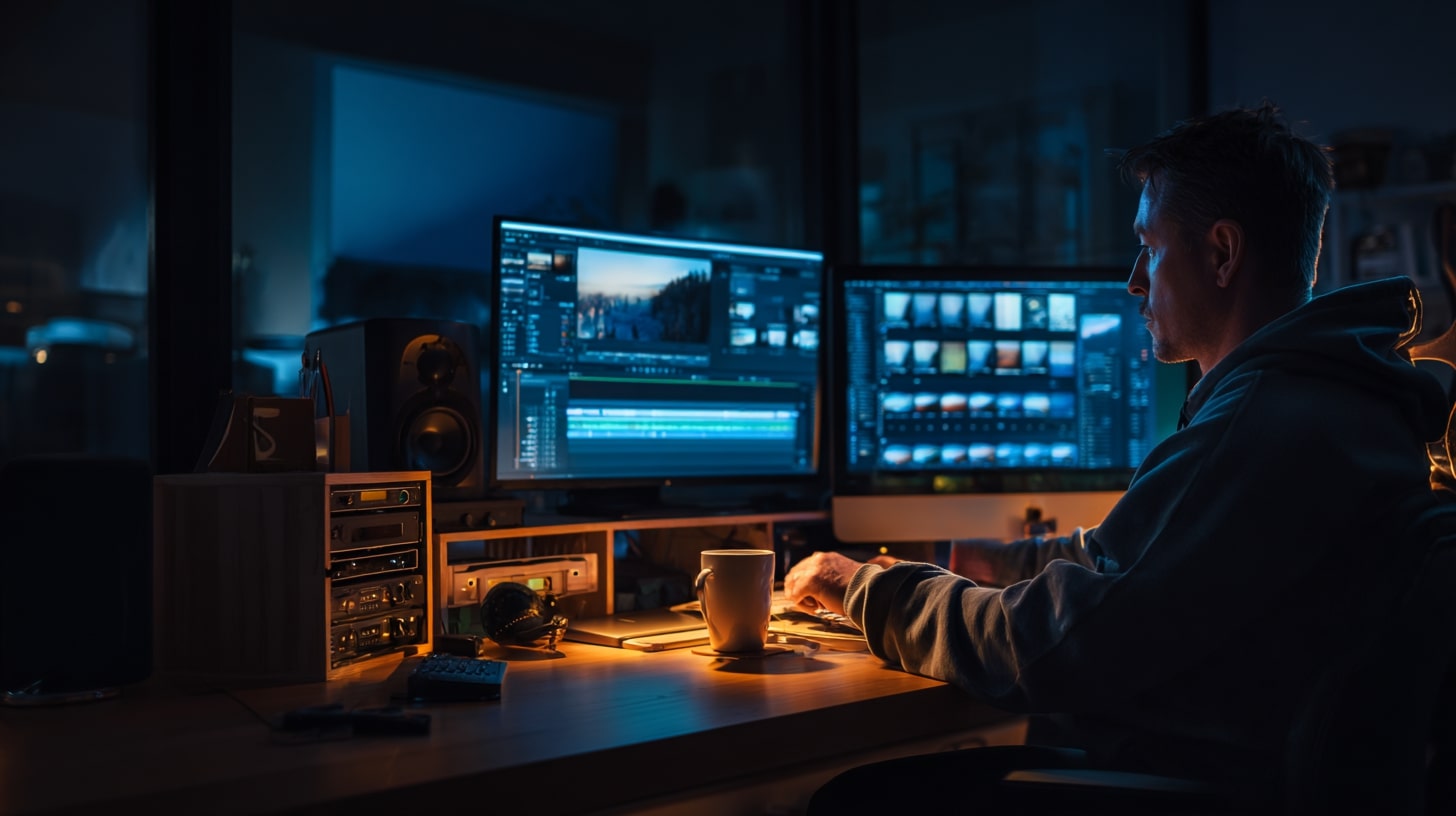 Filmmaker working late in an editing studio on video and audio post-production.