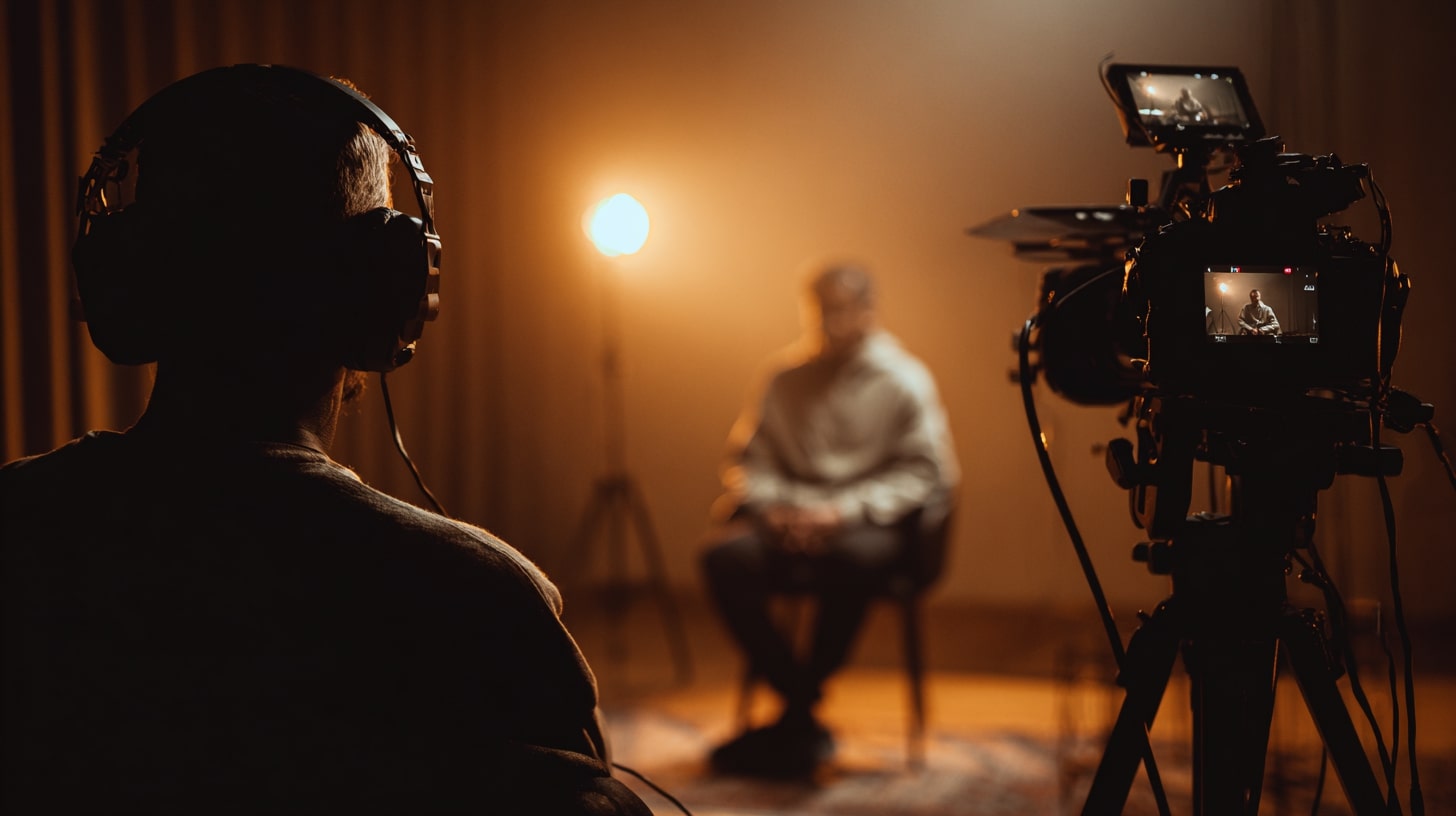 Filmmaker recording an interview with professional audio and video equipment.