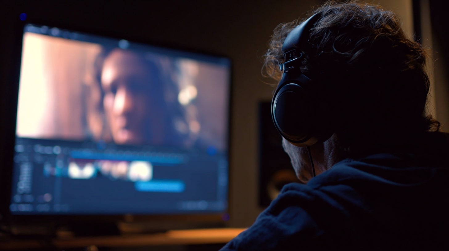 Sound professional reviewing recorded dialogue on a screen for transcription and editing.
